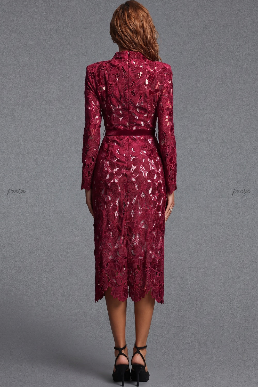 Burgundy Corded Floral Lace Sheath Dress burgundy corded floral lace dress - product view 3