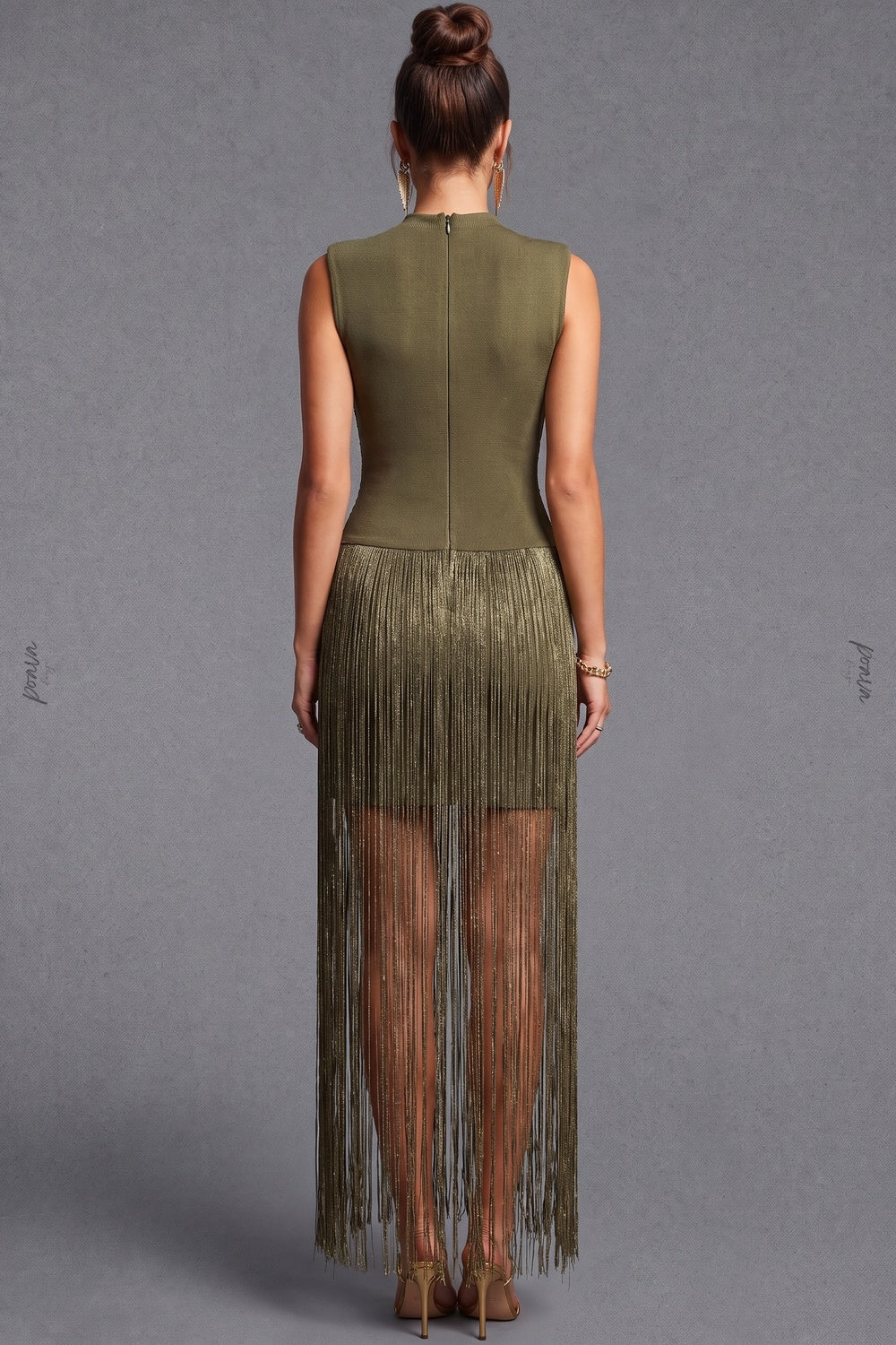 Olive Green Metallic Fringe Fitted Bodice Dress olive green fine metallic fringe dress - product view 3