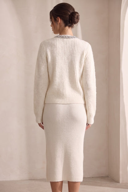 Off-White Fuzzy Knit Cardigan & Midi Skirt Set with Crystal Neckline Trim Off-white, Cream Fuzzy knit (mohair or angora blend) Two-piece knit set (cardigan and skirt) - product view 3