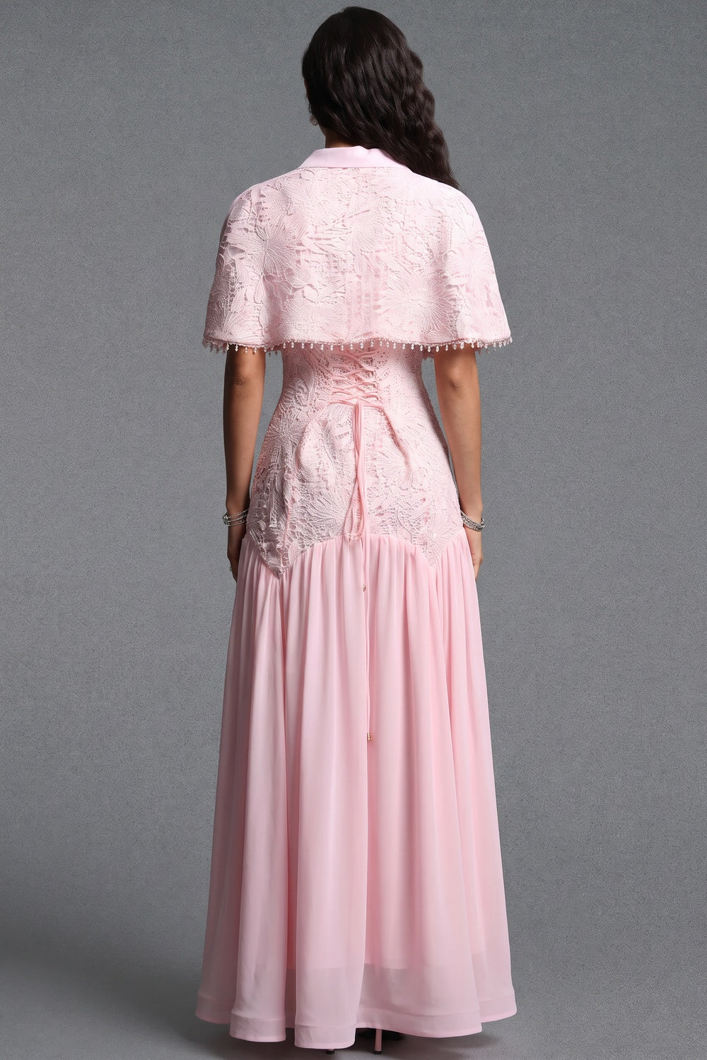 Pastel Pink Floral Lace Fitted Bodice with Flared Mermaid-Style Skirt Dress with Matching Capelet pastel pink floral lace dress with matching capelet - product view 3