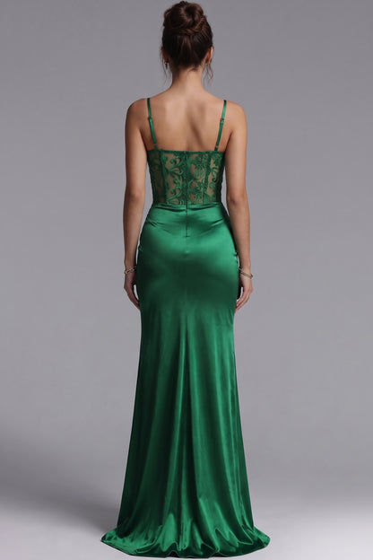 Emerald Green Satin Sheath Evening Gown with High Slit emerald green satin evening gown - product view 3