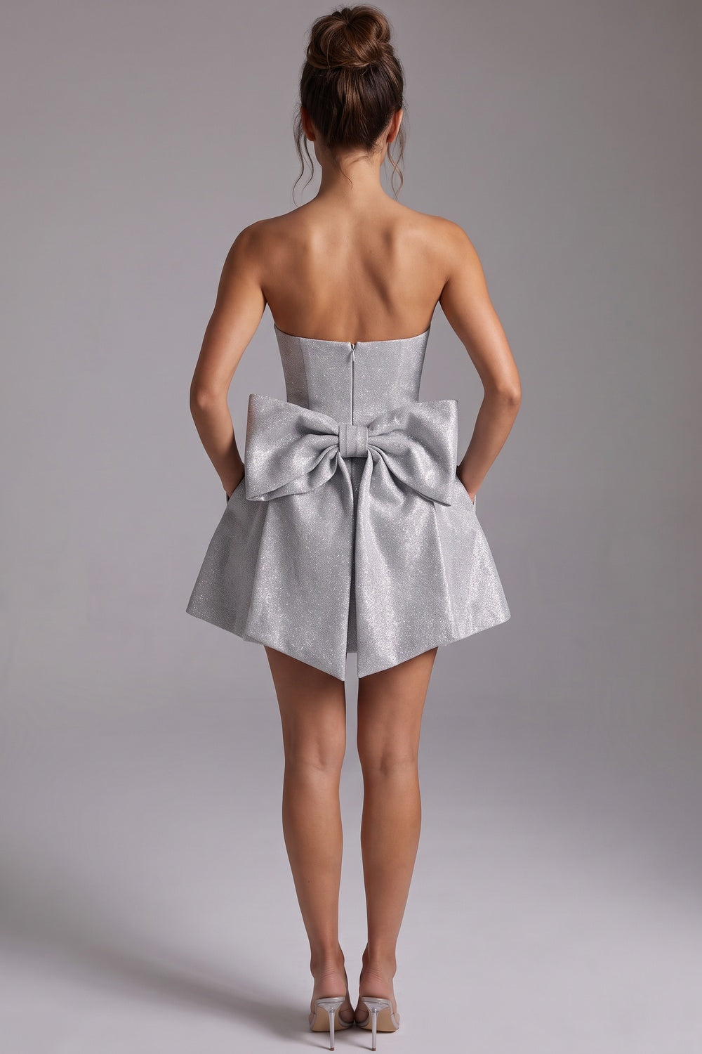 Silver Structured Glitter Fit-And-Flare Mini Dress silver structured glitter fabric dress - product view 3