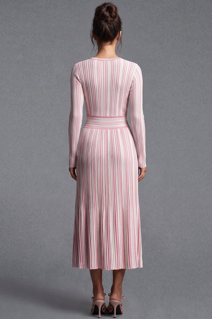 Light Pink Striped Ribbed Knit Fit-and-Flare Dress light pink, white ribbed knit dress - product view 3