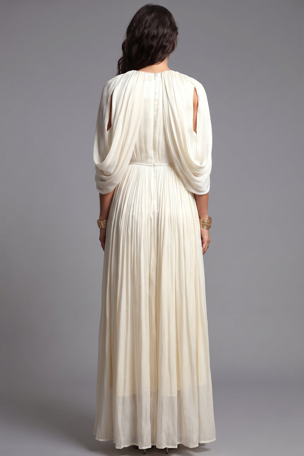 Cream Chiffon A-Line Gown with Cape Sleeves cream chiffon gown - product view 3