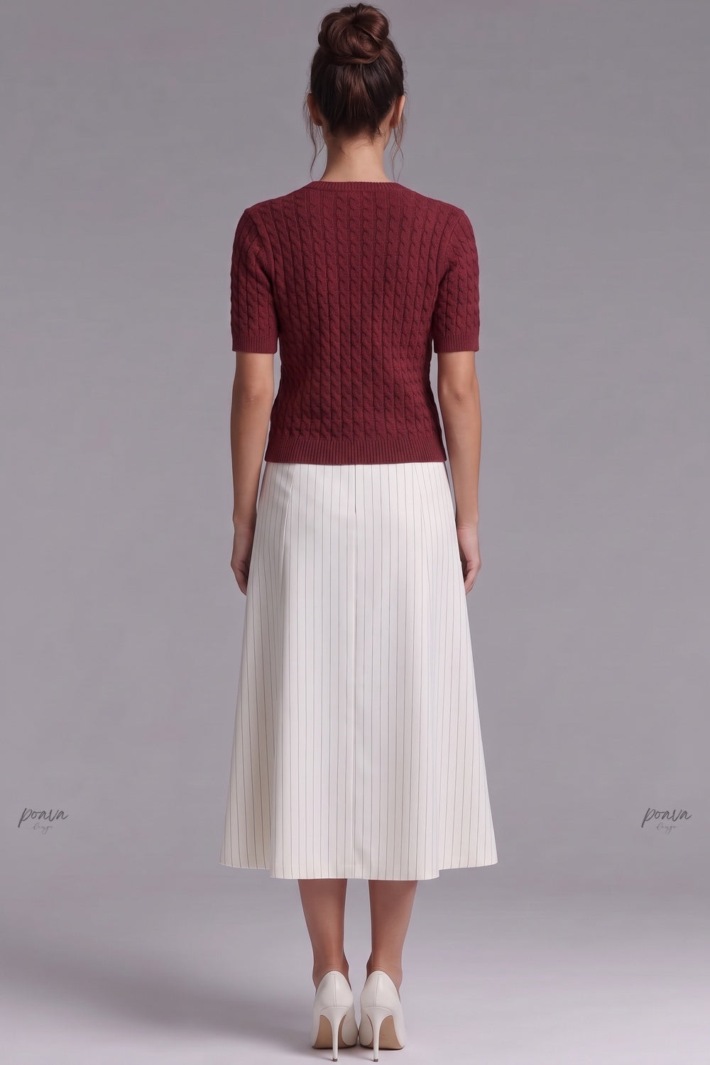 Burgundy Cable-Knit Wool Blend Fitted Short-Sleeve Cardigan burgundy cable-knit wool blend cardigan - product view 3