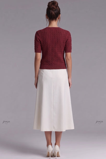 Burgundy Cable-Knit Wool Blend Fitted Short-Sleeve Cardigan burgundy cable-knit wool blend cardigan - product view 3