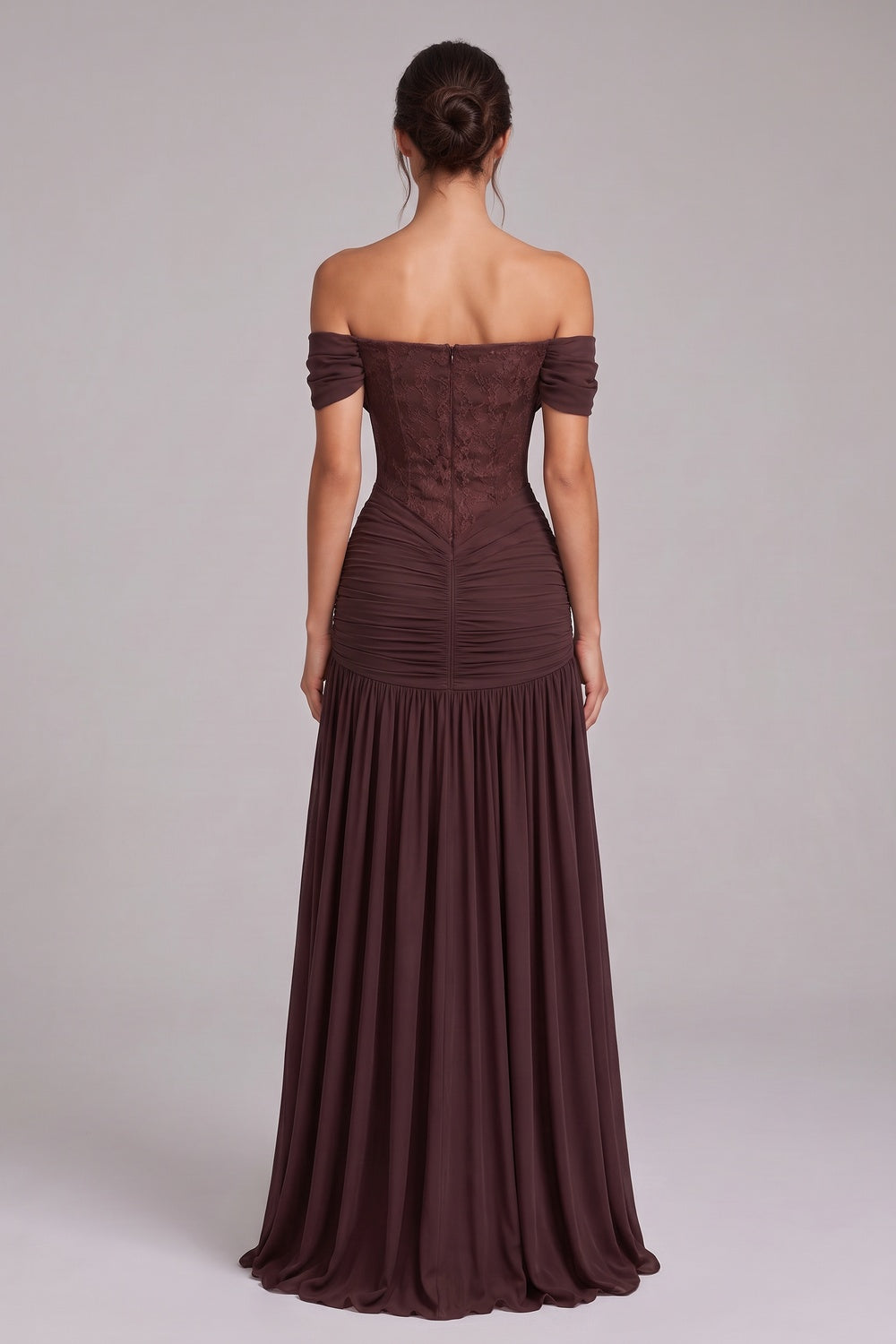Chocolate Brown Chiffon Mesh Fitted Drop-Waist Gown chocolate brown chiffon mesh gown - product view 3