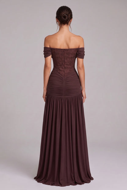 Chocolate Brown Chiffon Mesh Fitted Drop-Waist Gown chocolate brown chiffon mesh gown - product view 3