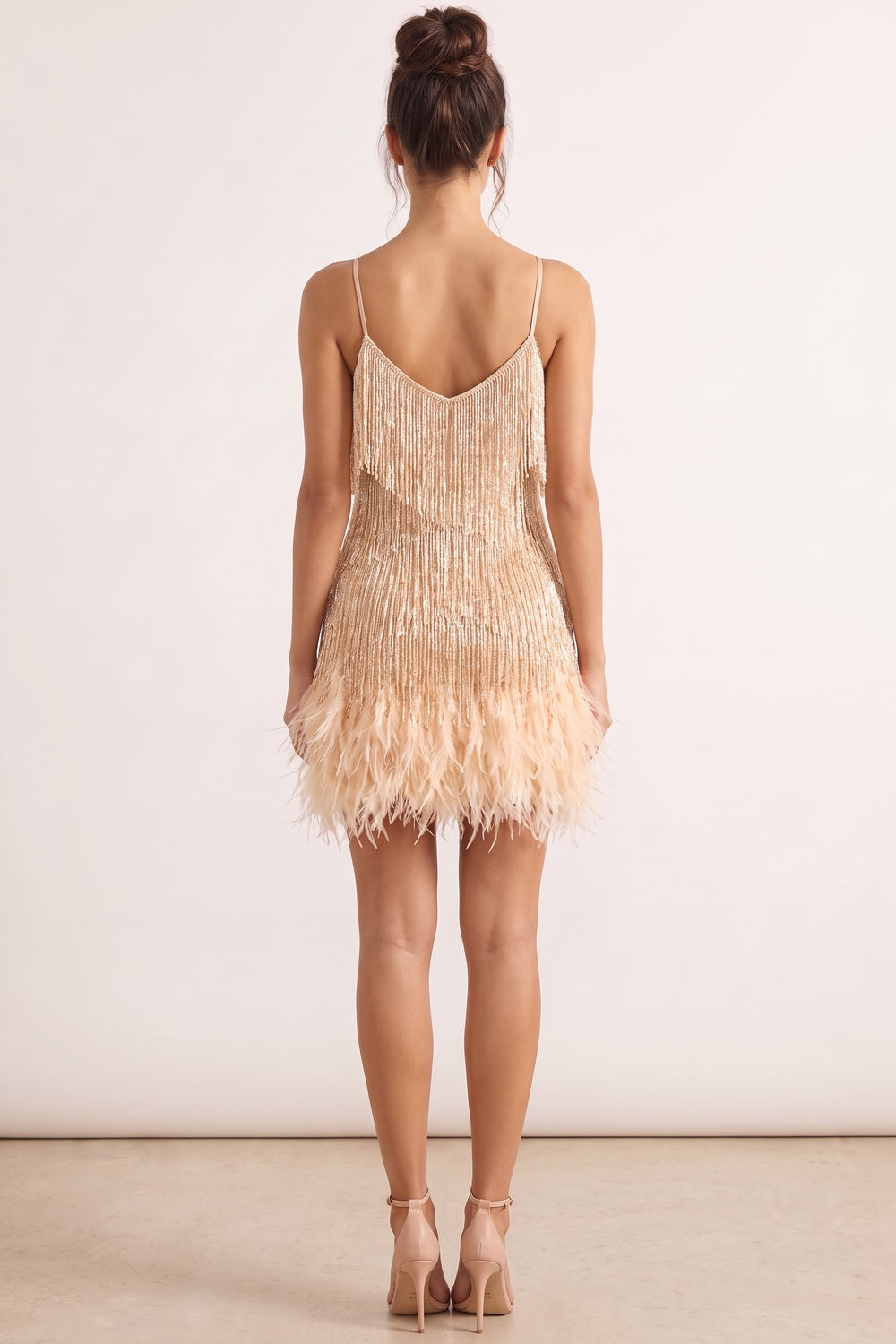 Champagne Gold Metallic Thread Fringe A-Line Dress champagne gold metallic thread fringe dress - product view 3
