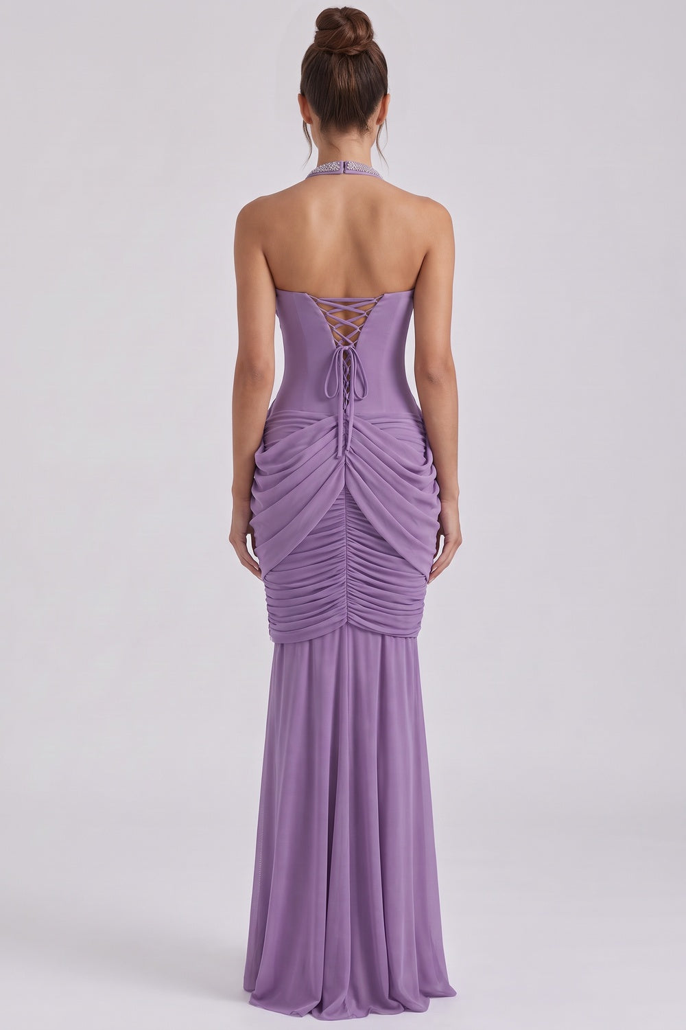 Lavender Mesh Jersey Mermaid-Column Draped Overlay Gown lavender mesh jersey gown - product view 3