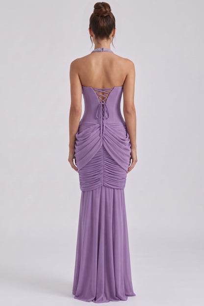 Lavender Mesh Jersey Mermaid-Column Draped Overlay Gown lavender mesh jersey gown - product view 3