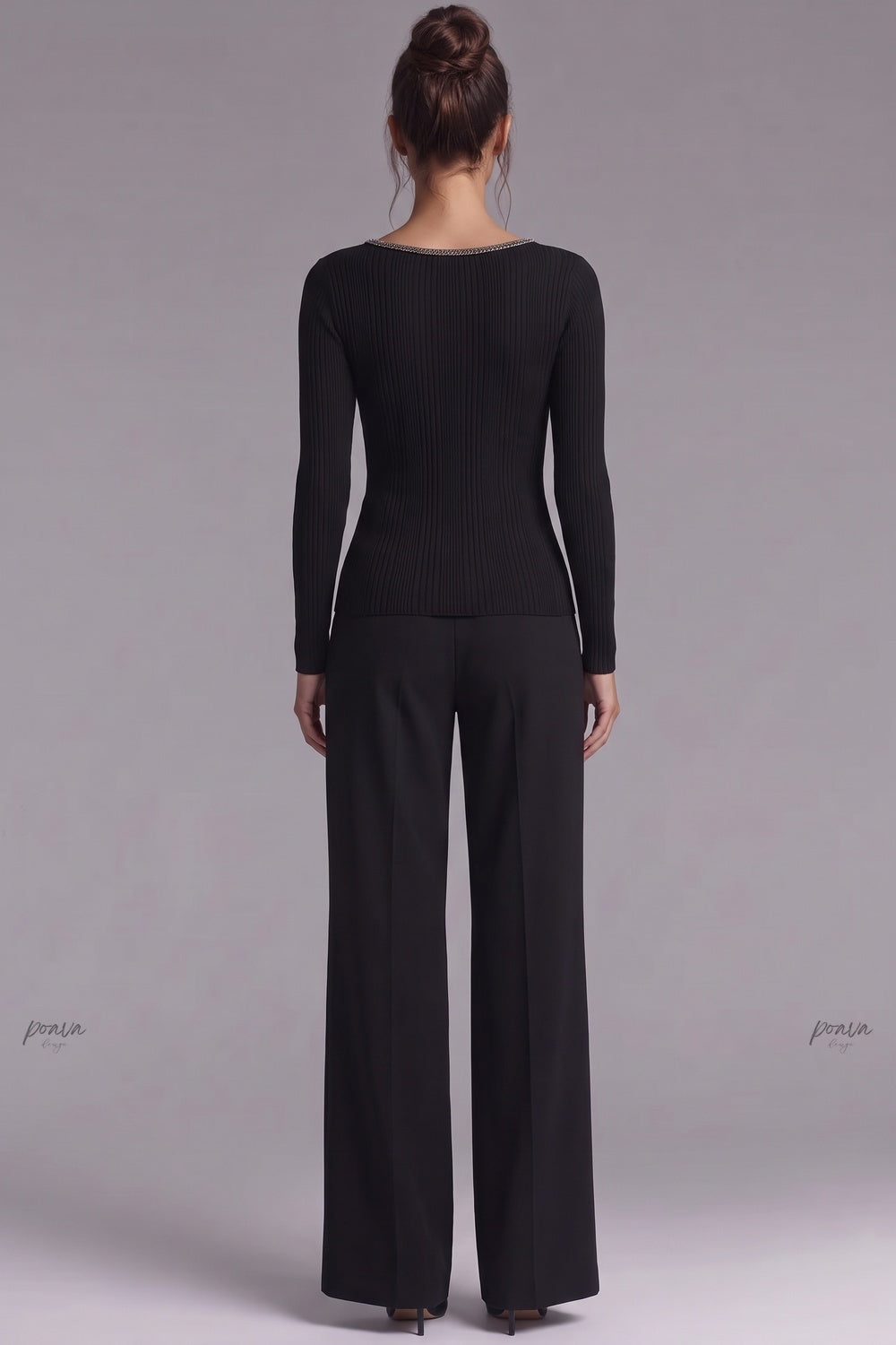 Black Ribbed Knit Fitted Top with Metallic Detail black ribbed knit knit top - product view 3