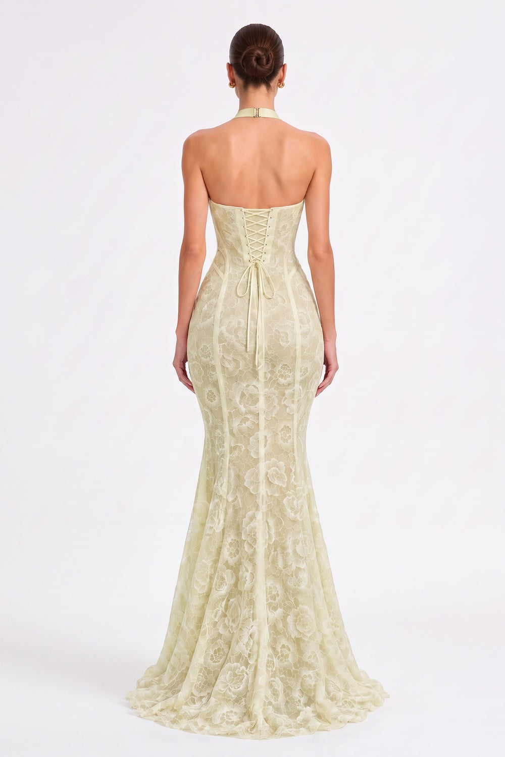 Pale Yellow Floral Lace Mermaid Gown pale yellow floral lace gown - product view 3