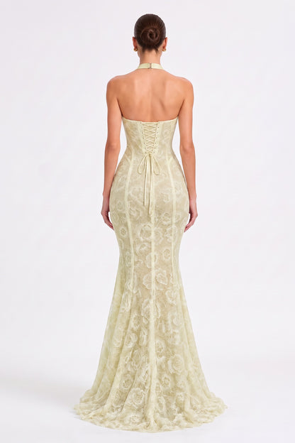 Pale Yellow Floral Lace Mermaid Gown pale yellow floral lace gown - product view 3