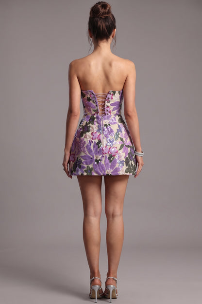 Purple Embroidered Mesh Overlay A-Line Mini Dress purple, lavender, cream embroidered mesh overlay dress - product view 3