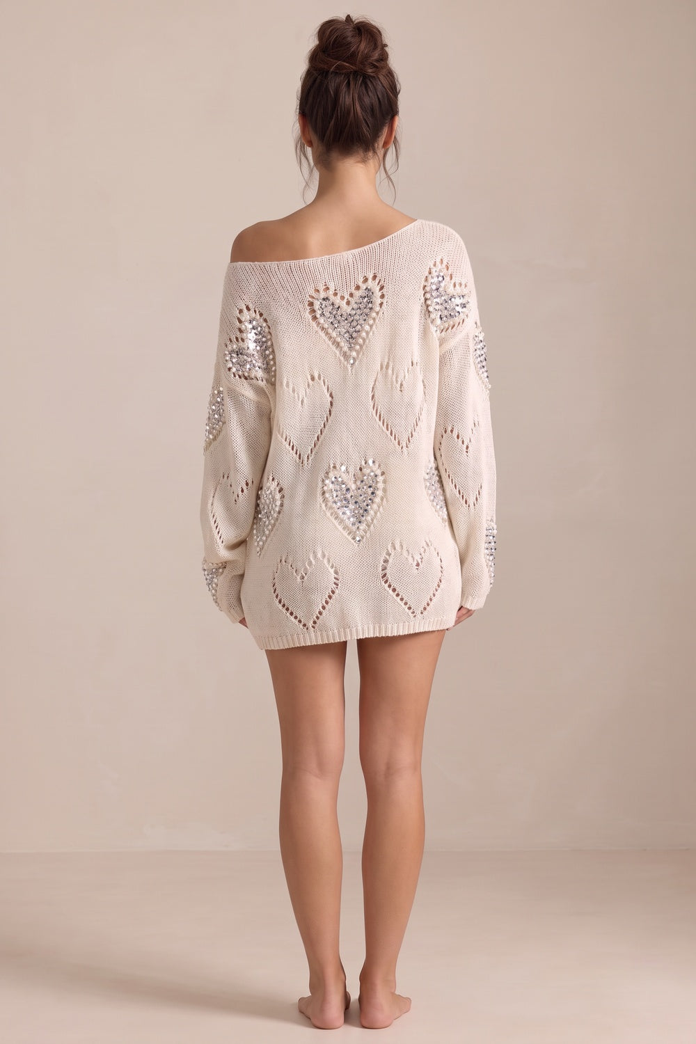 Cream Open-Work Knit Oversized Sweater with Silver Heart Embellishments cream, off-white open-work knit yarn sweater - product view 3