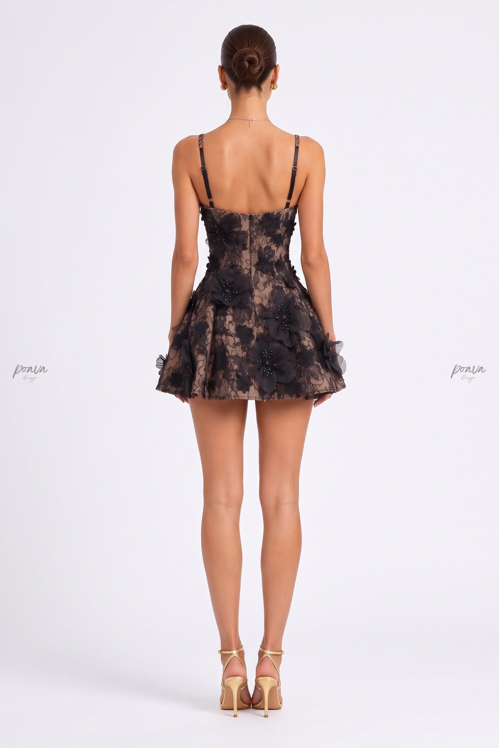 Black Lace Fit-and-Flare Mini Dress with 3D Floral Appliqués black lace dress - product view 2