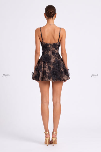 Black Lace Fit-and-Flare Mini Dress with 3D Floral Appliqués black lace dress - product view 2