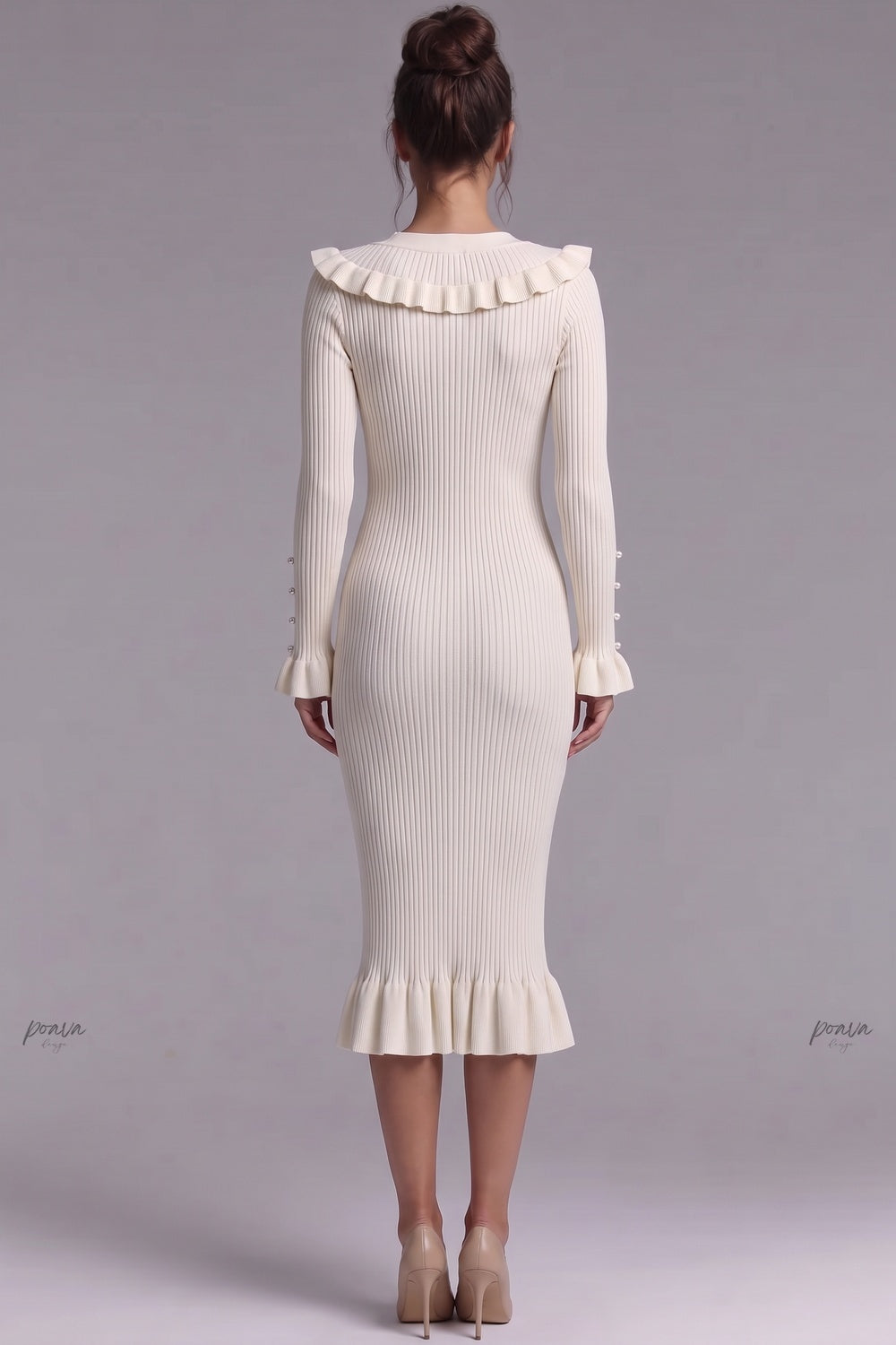 Cream Ribbed Knit Fitted Sheath Midi Dress with Ruffle Trim cream, off-white ribbed knit midi dress - product view 3