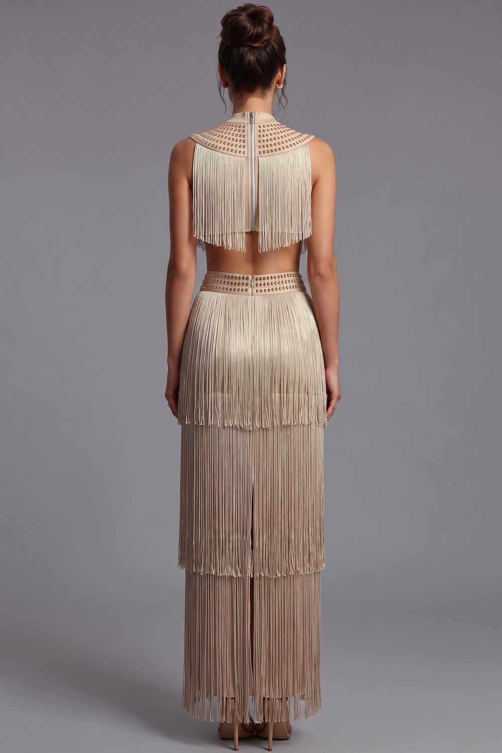 Champagne Satin Fringe Two-Piece Set with Metallic Studded Detail champagne, beige satin base with dense rayon fringe two-piece set - product view 3