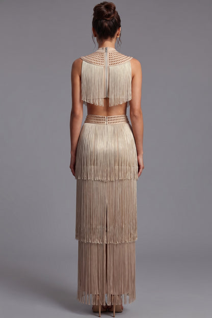 Champagne Satin Fringe Two-Piece Set with Metallic Studded Detail champagne, beige satin base with dense rayon fringe two-piece set - product view 3