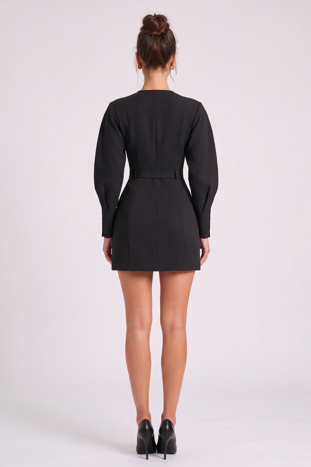 Black Structured A-Line Mini Dress | Puff Sleeves & Plunge V-Neck black structured heavy crepe or scuba-like knit mini dress - product view 3