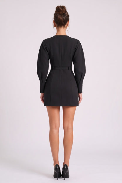 Black Structured A-Line Mini Dress | Puff Sleeves & Plunge V-Neck black structured heavy crepe or scuba-like knit mini dress - product view 3