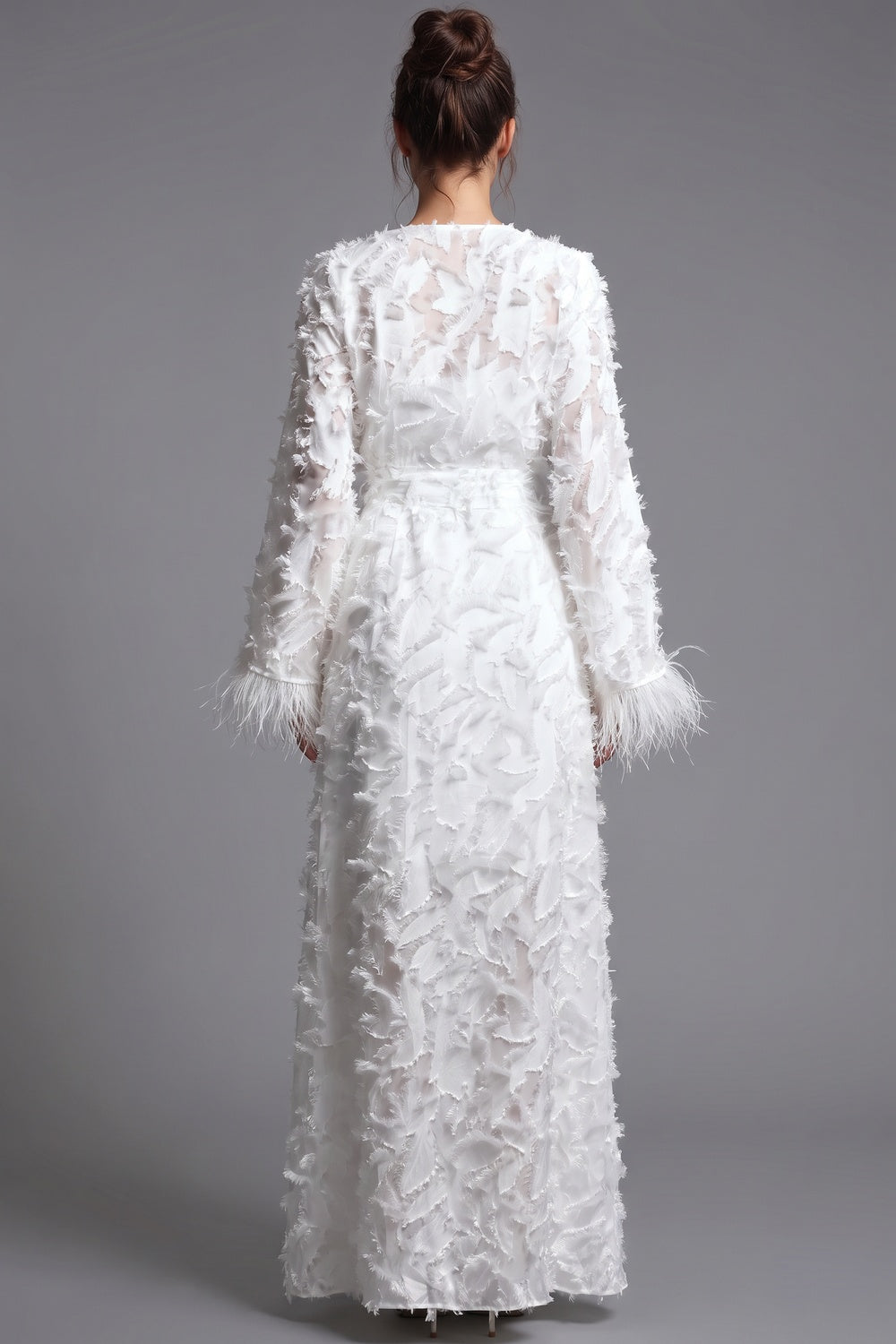 White Textured Eyelash Fabric A-Line Wrap Maxi Dress with Feather Trim white textured eyelash/shredded-ribbon fabric wrap maxi dress - product view 3