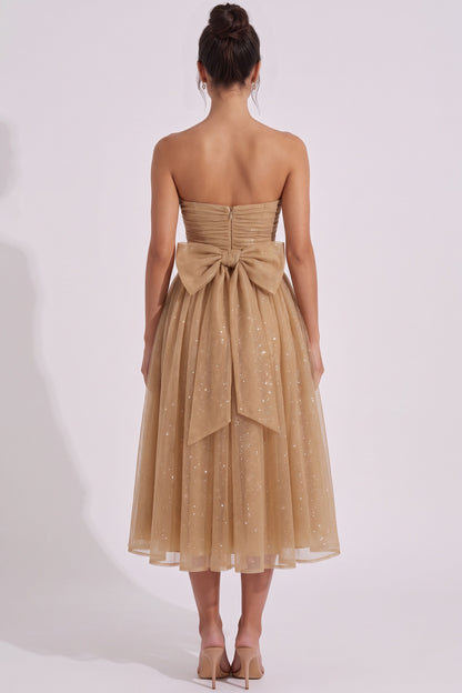 Gold Glitter Tulle Overlay A-Line Fit-and-Flare Dress gold, bronze glitter tulle overlay dress - product view 3