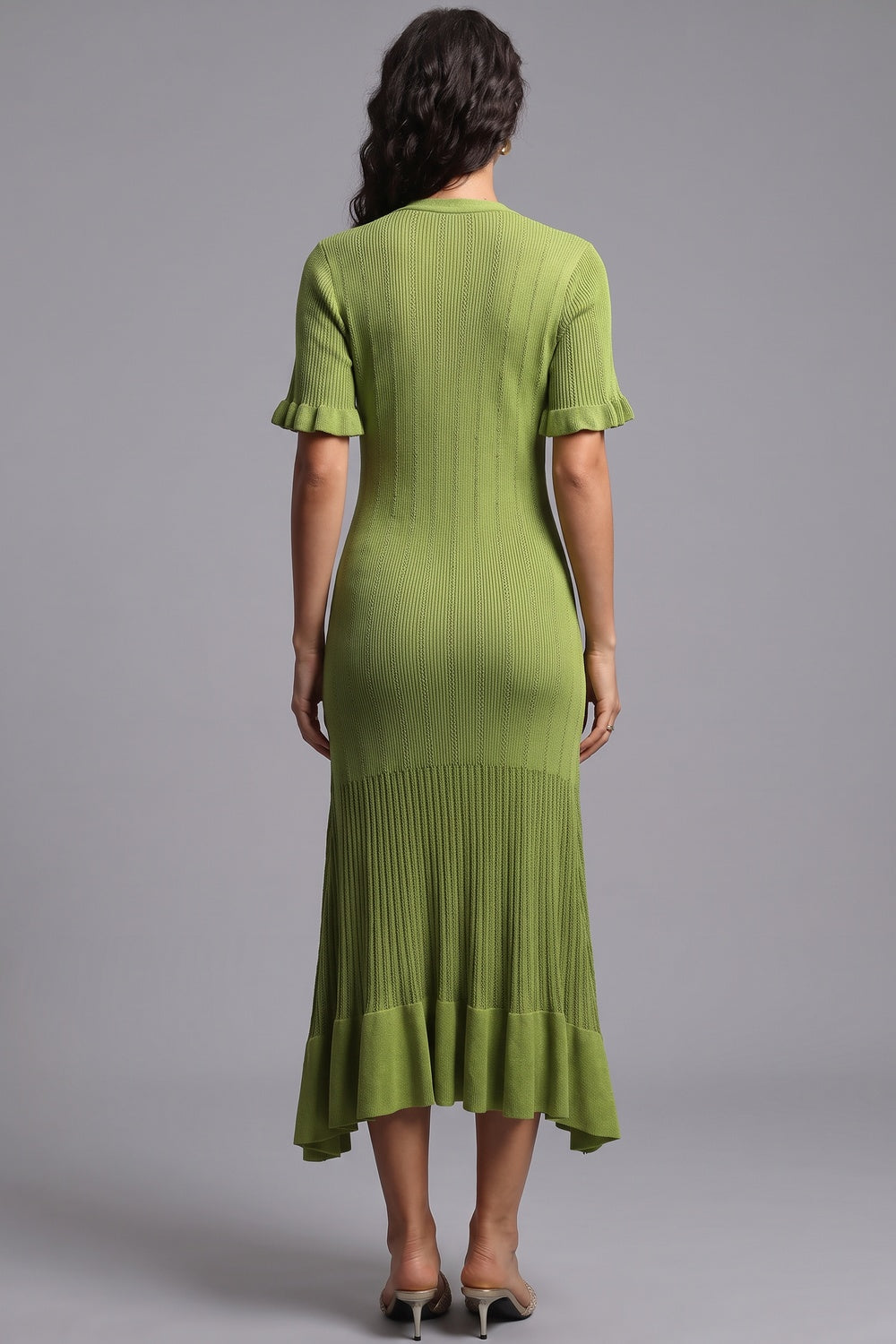 Olive Green Ribbed Knit A-Line Trumpet Midi Dress olive green ribbed knit dress - product view 3