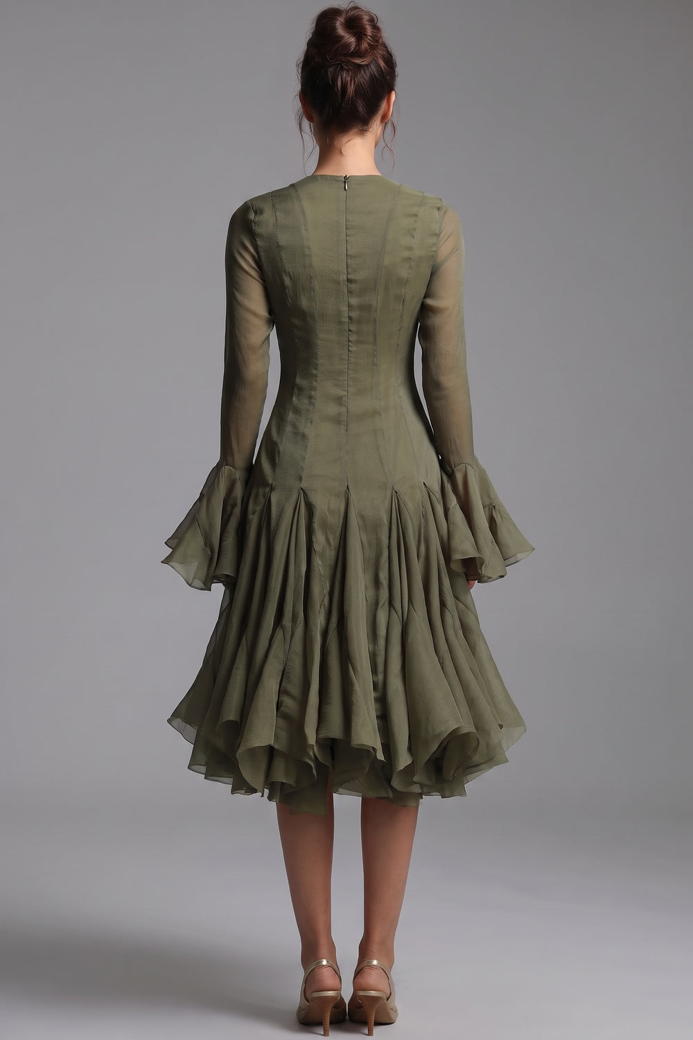 Olive Green Sheer Chiffon Fit-and-Flare Midi Dress olive green sheer chiffon dress - product view 3