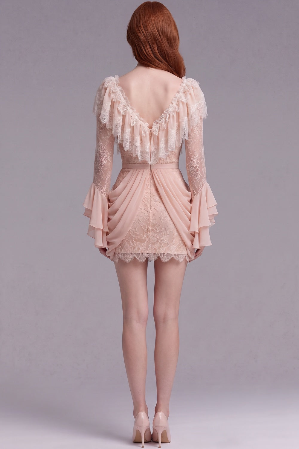 Blush Pink Floral Lace Mini Dress with Draped Chiffon Ruffles blush pink floral lace mini dress - product view 2
