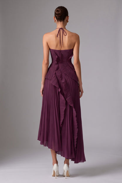 Deep Plum Asymmetrical Pleated Ruffle A-Line Dress deep plum pleated chiffon or georgette dress - product view 3
