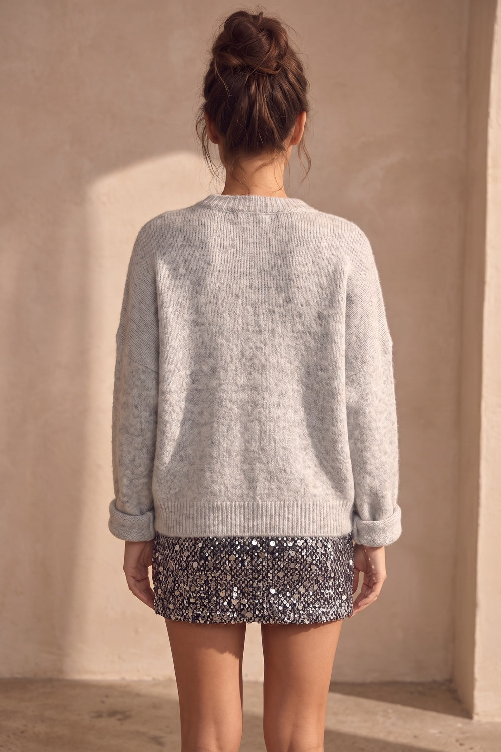 Heather Grey Fuzzy Knit Sweater with Sequin Mini Skirt Two-Piece Set Heather grey, Silver, Black Fuzzy, heathered knit (sweater); sequined woven fabric (skirt) Two-piece outfit (sweater and skirt) - product view 3
