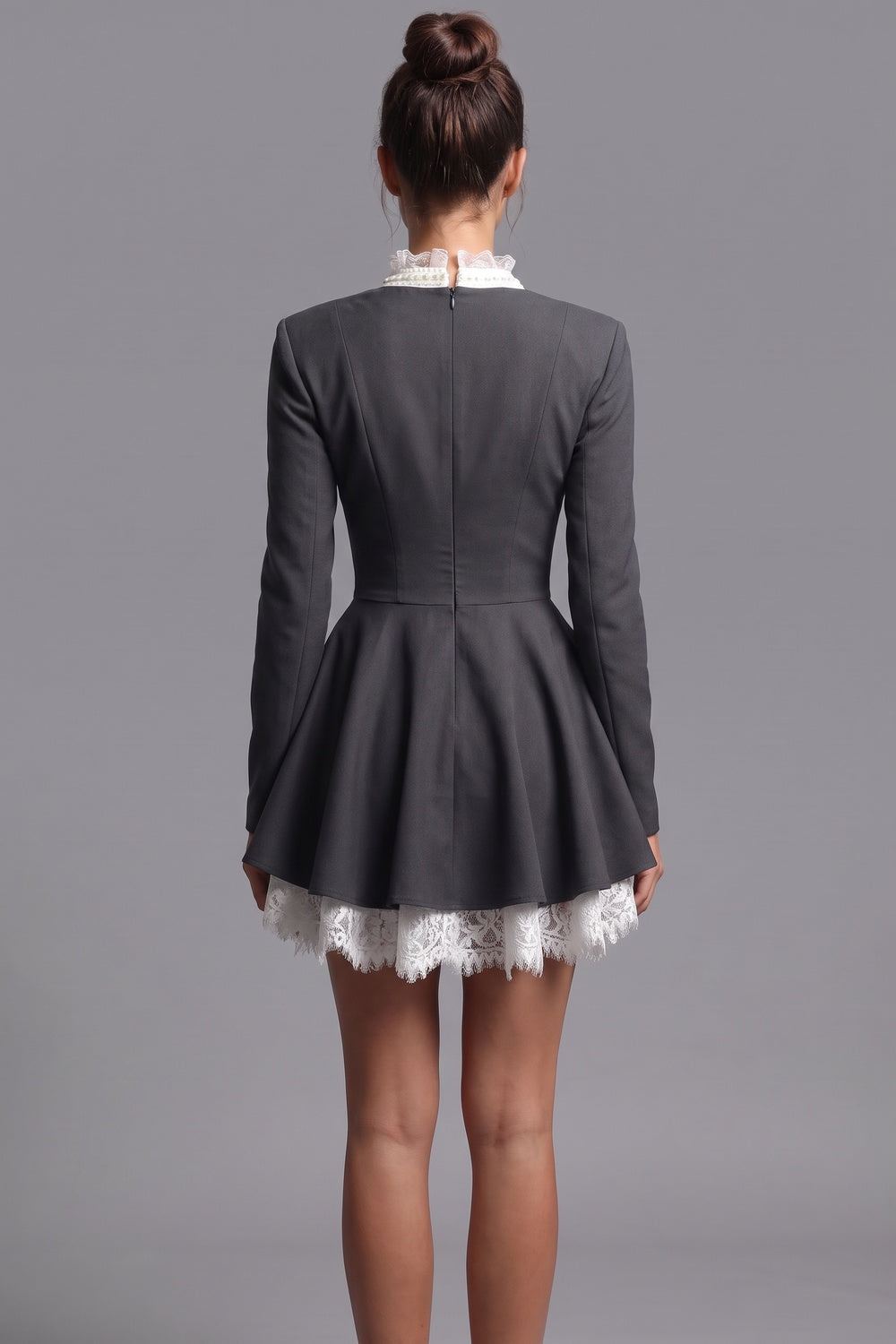 Dark Grey Structured Woven Suiting Fit-and-Flare Mini Dress dark grey structured woven suiting fabric mini dress - product view 3