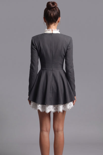 Dark Grey Structured Woven Suiting Fit-and-Flare Mini Dress dark grey structured woven suiting fabric mini dress - product view 3