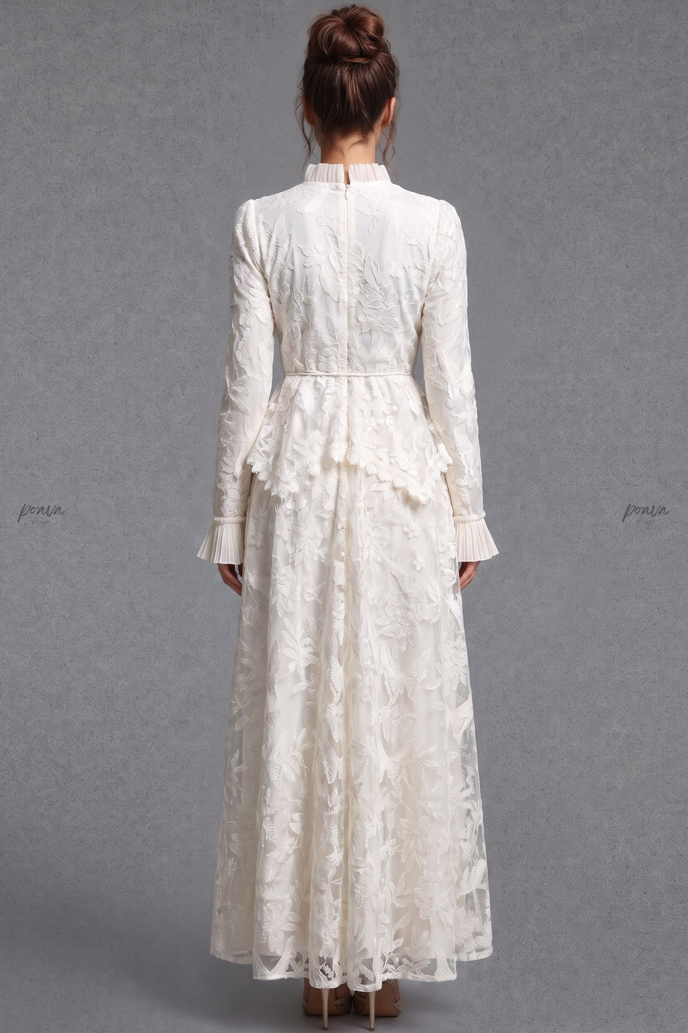 Ivory Floral Embroidered Lace A-line Maxi Dress with Tiered Waist Overlay Ivory Floral embroidered lace Maxi dress - product view 2