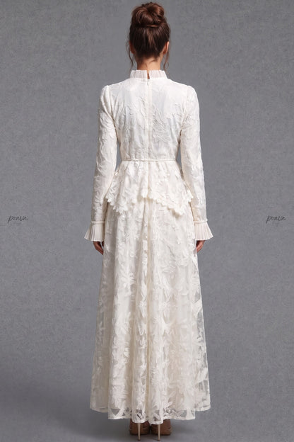 Ivory Floral Embroidered Lace A-line Maxi Dress with Tiered Waist Overlay Ivory Floral embroidered lace Maxi dress - product view 2