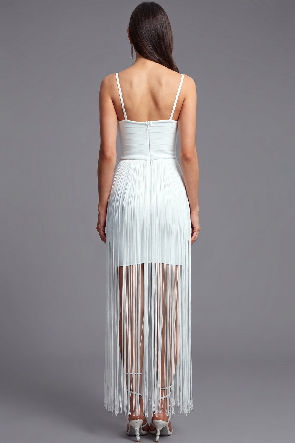 White Structured Crepe Fringe Sheath Dress white structured crepe dress - product view 3
