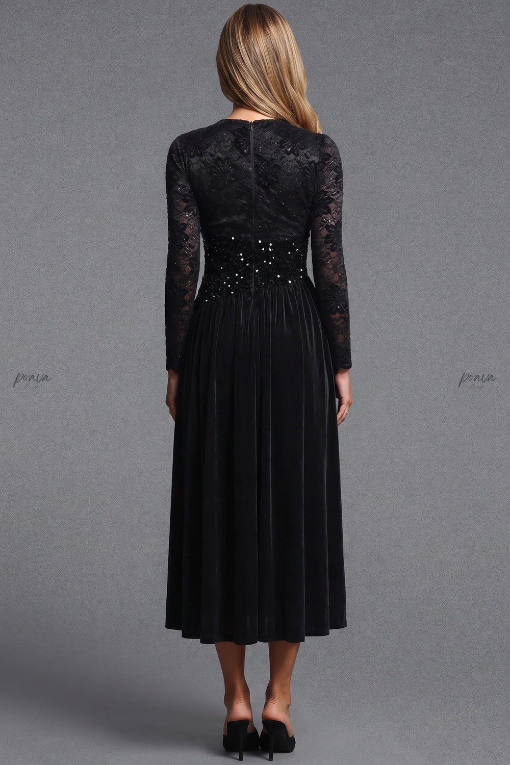 Black Velvet A-Line Midi Dress with Floral Lace and Sequin Waist black fluid velvet or heavy knit (skirt), floral lace (bodice and sleeves) dress - product view 3