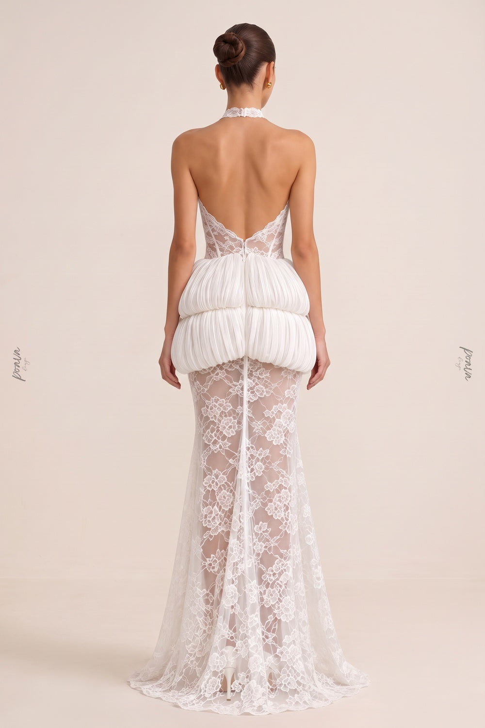 White Floral Lace Mermaid Gown with Bubble Peplum white floral lace gown - product view 3