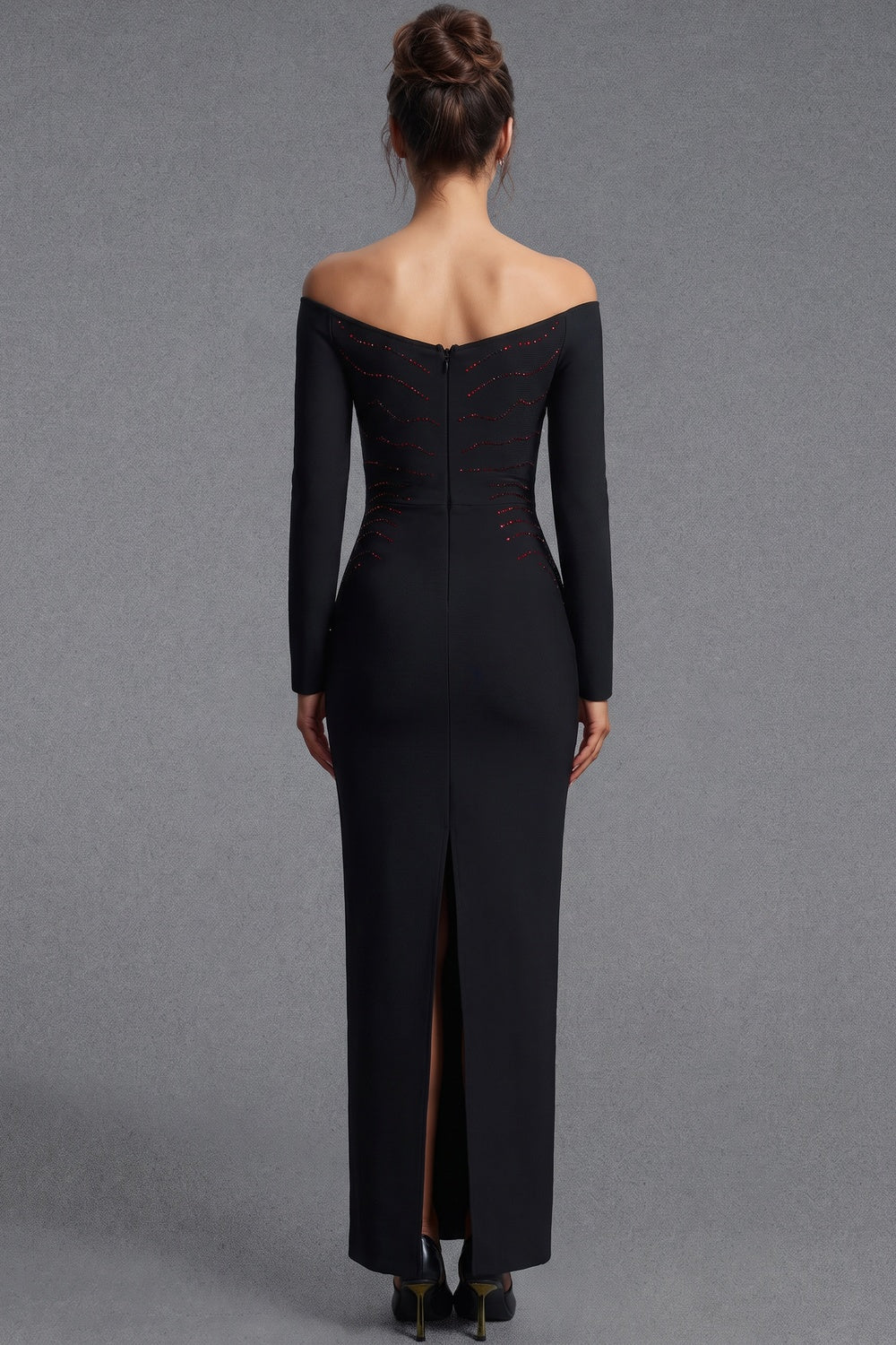 Black Heavy Stretch Crepe Column Gown with Rhinestone Heart Embellishment black heavy stretch crepe gown - product view 3