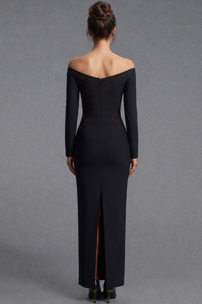 Black Heavy Stretch Crepe Column Gown with Rhinestone Heart Embellishment black heavy stretch crepe gown - product view 3