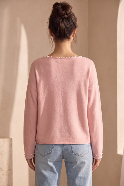 Pastel Pink Pearl Trim Drop Shoulder Sweater pastel pink soft fine knit sweater - product view 3
