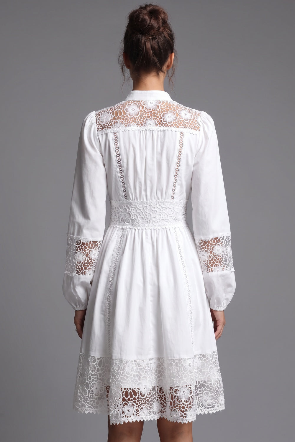 White Cotton Poplin Fit-and-Flare Dress with Lace Inserts white cotton poplin dress - product view 3