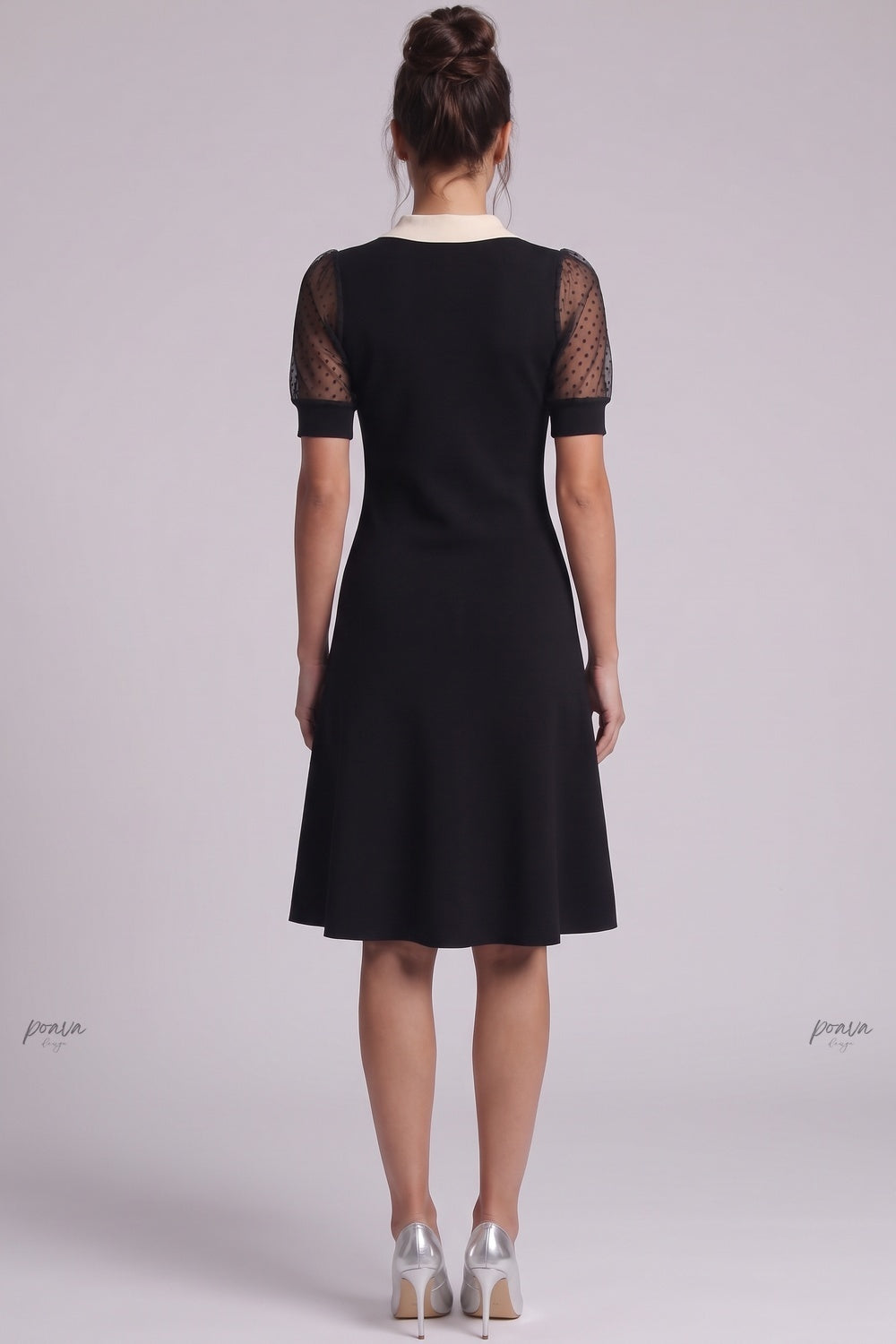 Black Fine Knit A-Line Dress with Contrast Collar black fine knit dress - product view 3