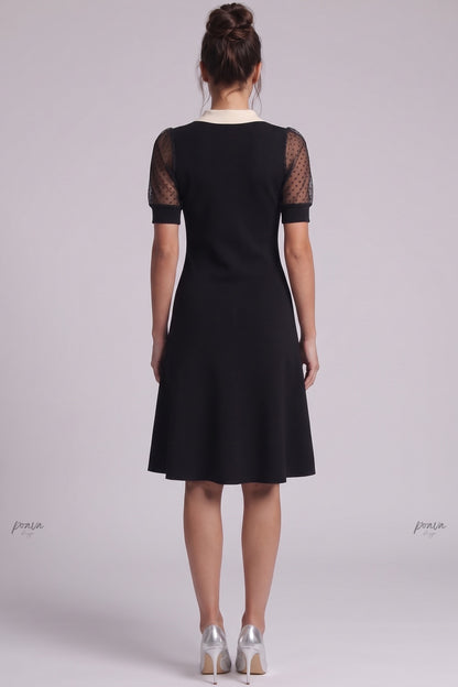 Black Fine Knit A-Line Dress with Contrast Collar black fine knit dress - product view 3