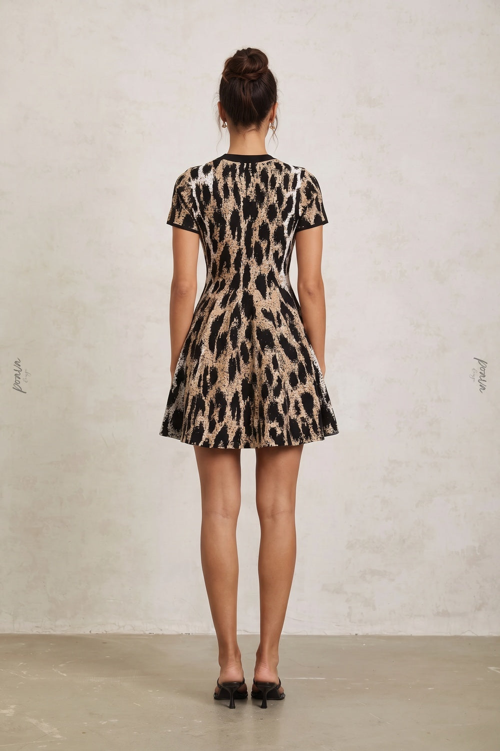 Black & Beige Abstract Leopard Print Structured Knit A-Line Mini Dress black, beige structured knit / jacquard dress - product view 3