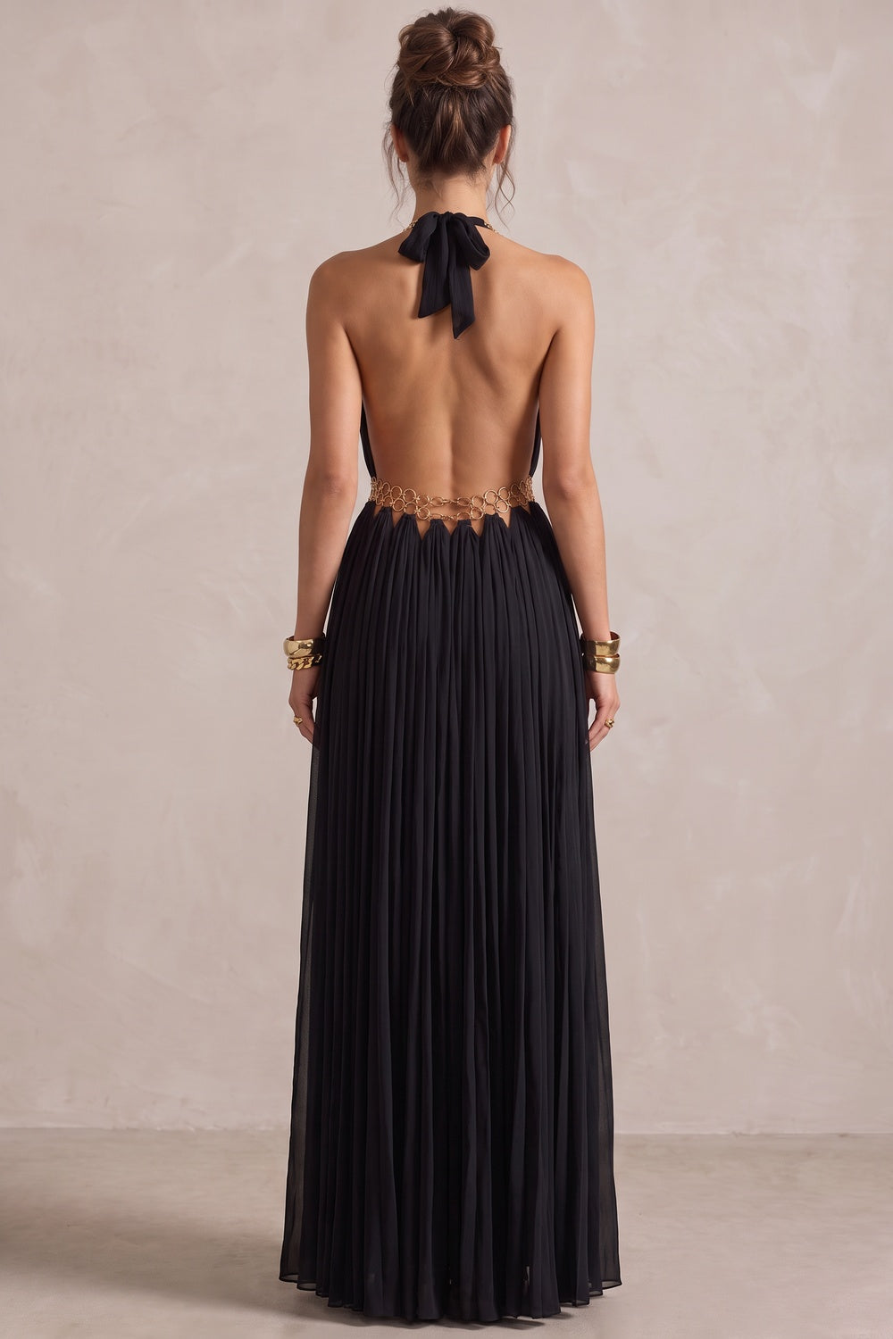 Black Chiffon A-Line Halter Evening Gown black chiffon evening gown - product view 3