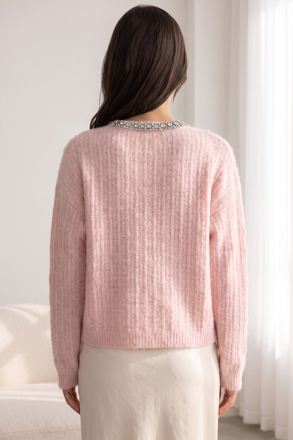 Pastel Pink Mohair-Blend Knit Cardigan with Rhinestone Embellishment pastel pink mohair-blend knit cardigan - product view 3